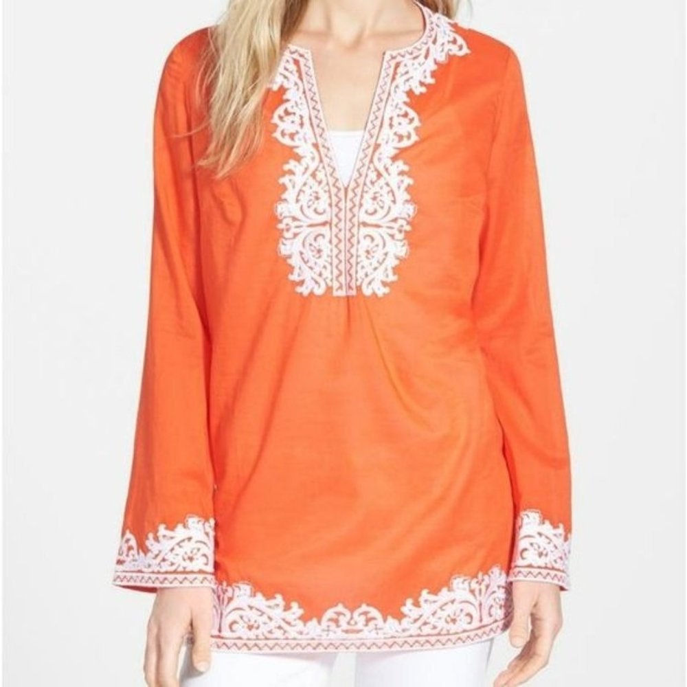 MICHAEL Michael Kors Womens XS Orange Long Sleeves Embroidered Tunic Blouse Top